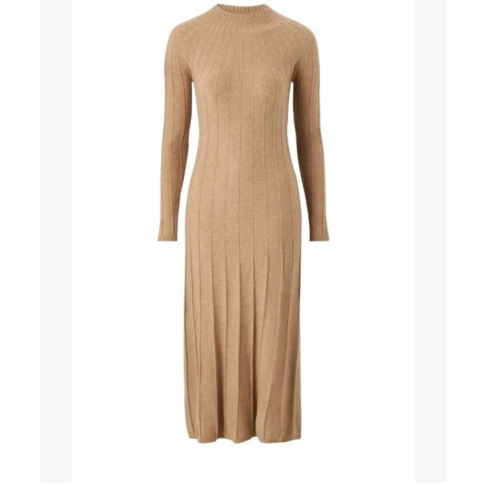 MNG Mango Perkins Neck Ribbed Knit Dress Brown Women’s 10 XL Midi Fall
